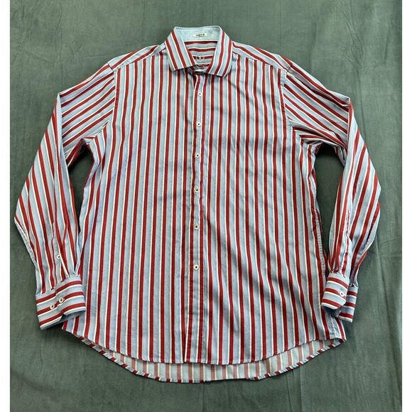 Bugatchi All Cotton Button Front Shirt Mens XL Shaped Trim Fit Stripes Red Blue - Picture 1 of 10